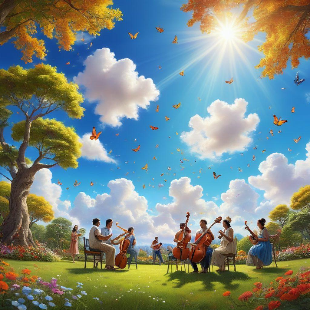A whimsical scene showcasing a diverse group of people joyfully playing various musical instruments in a sunlit park, surrounded by colorful flowers and butterflies. Each person represents different cultures, emphasizing unity through music. Bright notes float in the air, symbolizing happiness and creativity. The background features a brilliant blue sky with fluffy clouds, creating a cheerful atmosphere. vibrant colors. super-realistic.