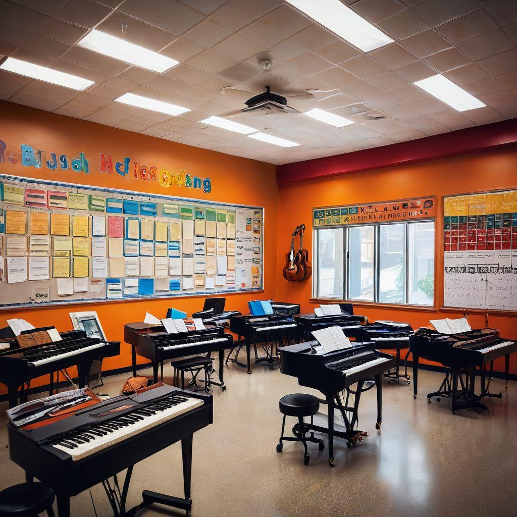 A vibrant classroom setting filled with diverse students engaging in music practice, surrounded by musical instruments like guitars, keyboards, and percussion. Include charts and colorful infographics on the walls showcasing music theory and practical techniques. Incorporate dynamic expressions of joy and collaboration among students, creating an inspiring atmosphere. super-realistic. vibrant colors. warm lighting.