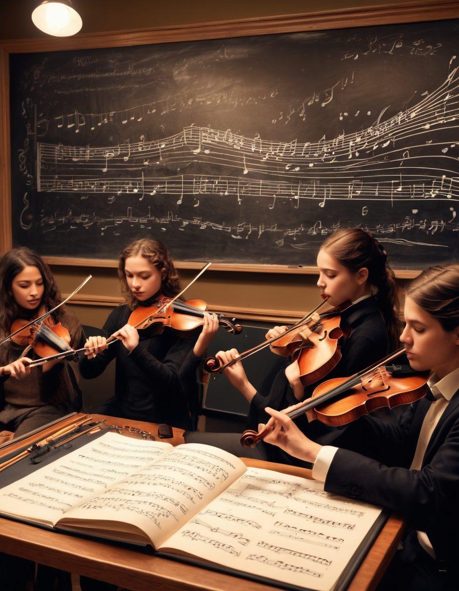 A captivating scene of a diverse group of musicians deeply engaged in analysis, surrounded by musical notes and vibrant sound waves flowing around them. One musician is playing a violin while others are jotting down notes on a large music score. A dreamy classroom setting with a chalkboard filled with music theory diagrams in the background, illuminated by soft, warm light. super-realistic. vibrant colors. whimsical elements.